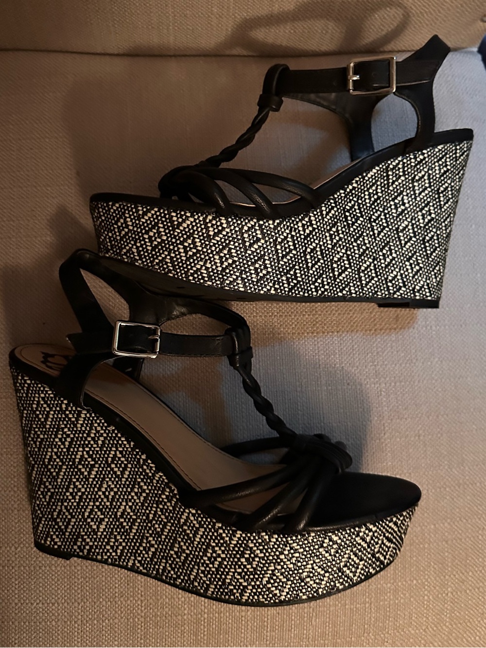Black Patterned Wedge Sandals with Braided Straps - Women's